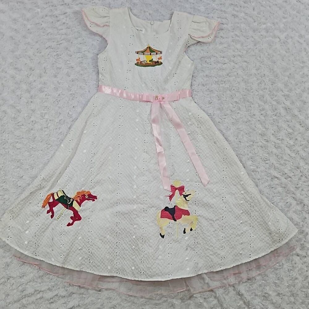 Bonnie Jean Girls Dress Carnival Merry Go Round Embroidered Horses With Pink Bow